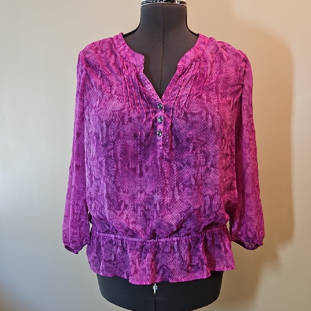 Jones New York Sport Womens Sheer Ruffle Blouse Fuchsia Purple Petite Sz Medium